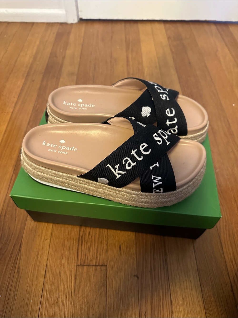 kate spade Black Logo Crossband Espadrille Slide Sandals
